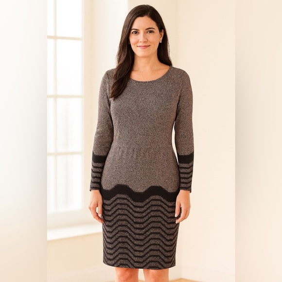 New York & Company Stretch Dress Size Medium | Brown Black Patterned Workwear - Picture 1 of 3